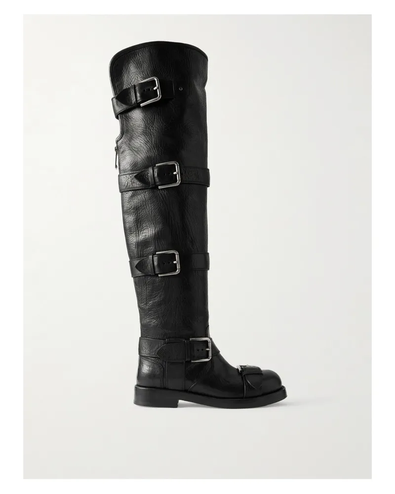 Dolce & Gabbana Bernini Overknees Aus Leder In Knitteroptik Mit Schnallen - Schwarz Schwarz