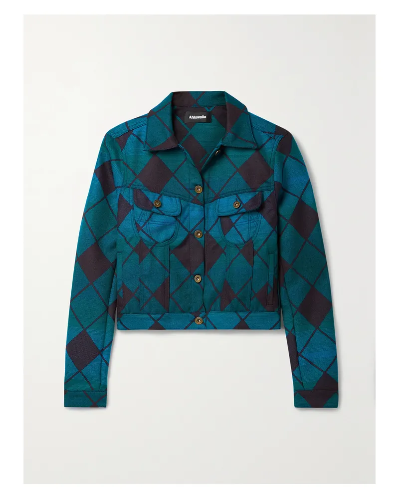 AHLUWALIA Verkürzte Jacke Aus Merinowolle Mit Jacquard-muster - Blau Blau