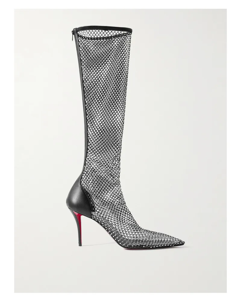 Christian Louboutin Apostropha 85 Crystal-embellished Leather-trimmed Mesh Knee Boots - Black Black