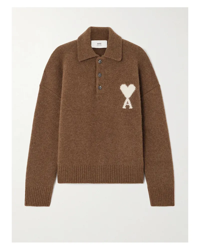 AMI Paris Pullover Aus Einer Alpakawollmischung Mit Polokragen Und Intarsienmotiv - Braun Braun