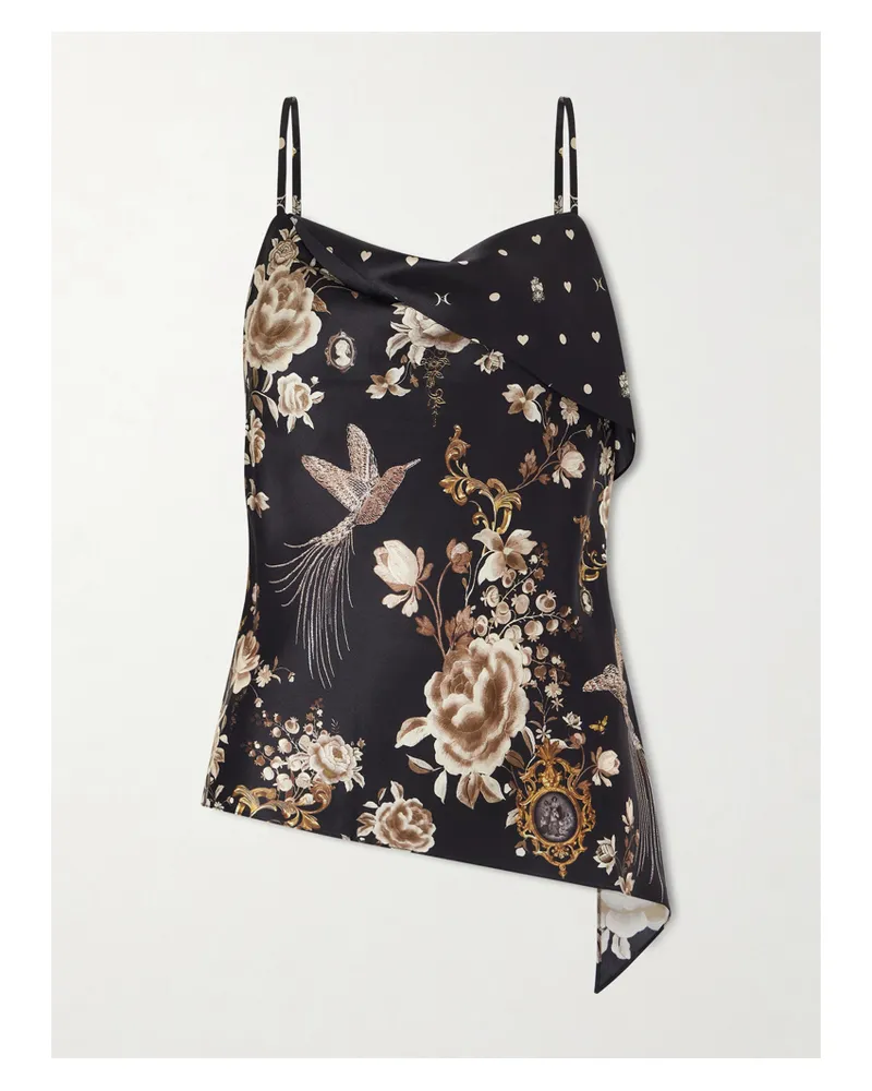 Camilla Asymmetric Draped Embellished Embroidered Printed Silk-satin Top - Black Black
