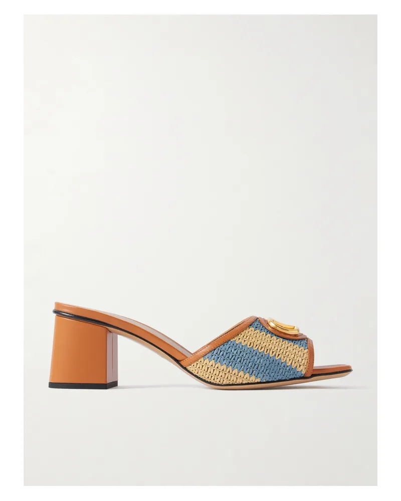 Valentino Garavani Vlogo Signature 60 Leather-trimmed Striped Raffia Mules - Blue Blue