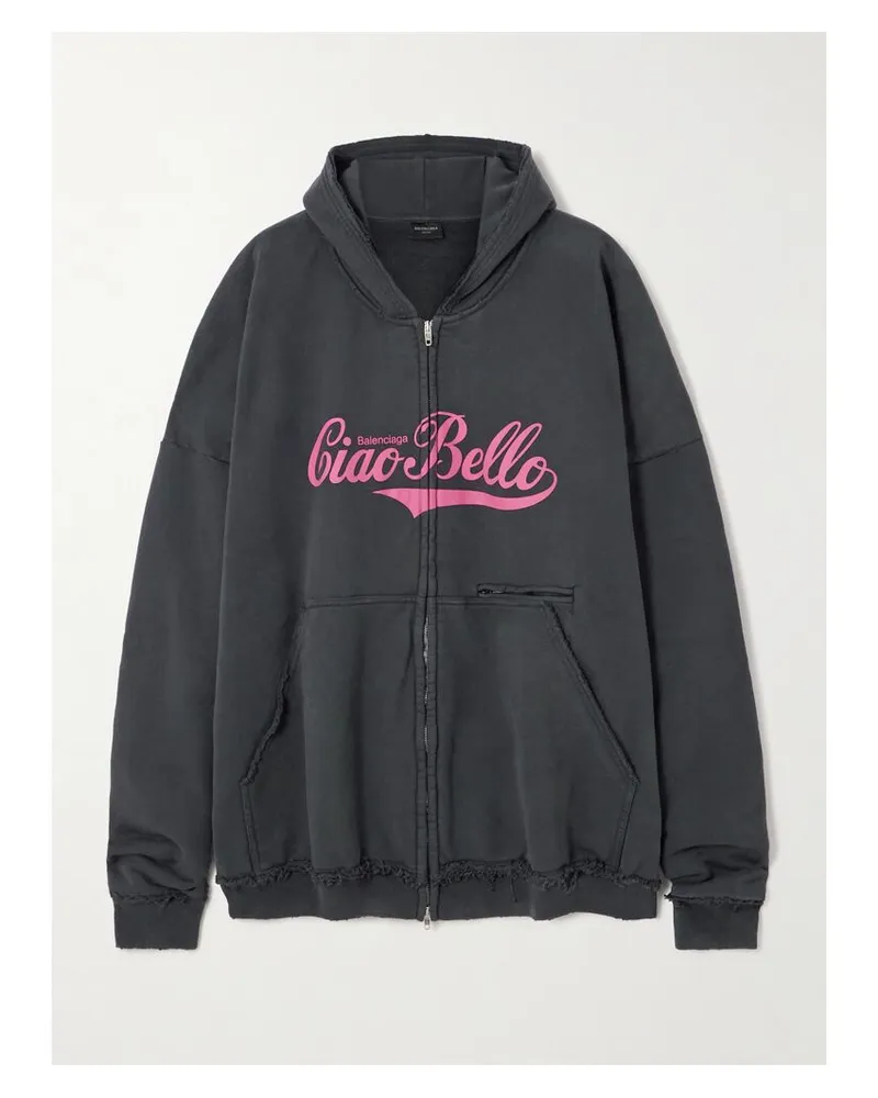 Balenciaga Kapuzenjacke Aus Baumwoll-jersey Mit Print Und Distressed-details - Schwarz Schwarz