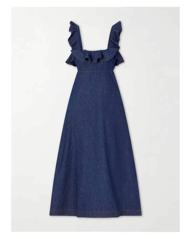 Zimmermann Aster Ruffled Denim Midi Dress - Blue Blue