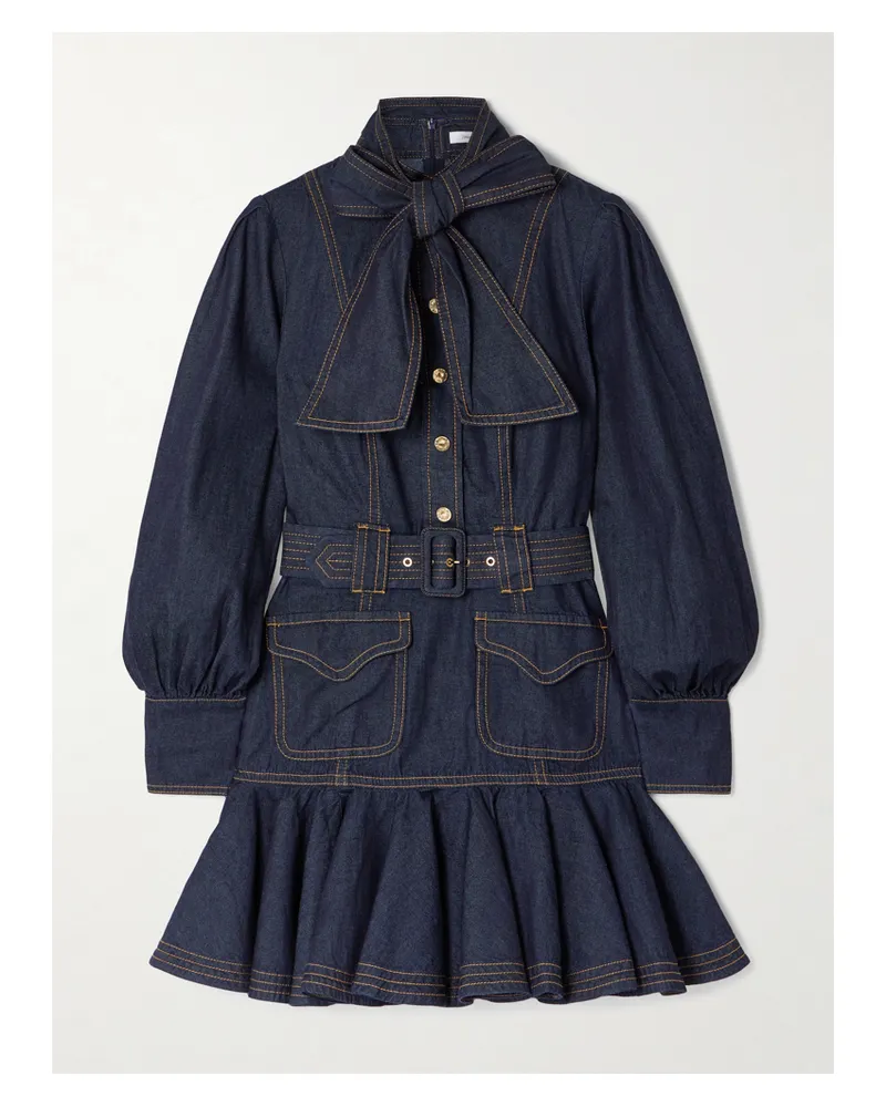 Zimmermann Mini-jeanskleid Mit Schluppe, Volant Und Gürtel - Blau Blau