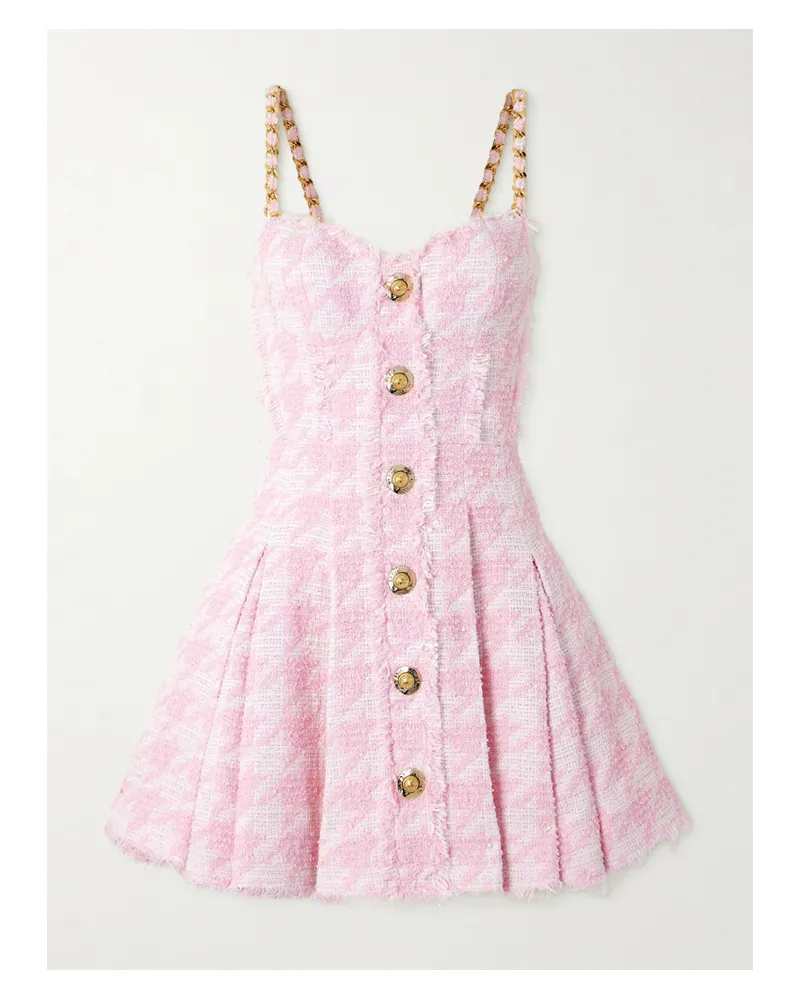 Balmain Minikleid Aus Tweed Aus Einer Baumwollmischung Mit Hahnentrittmuster, Fransen Und Verzierungen - Pink Pink