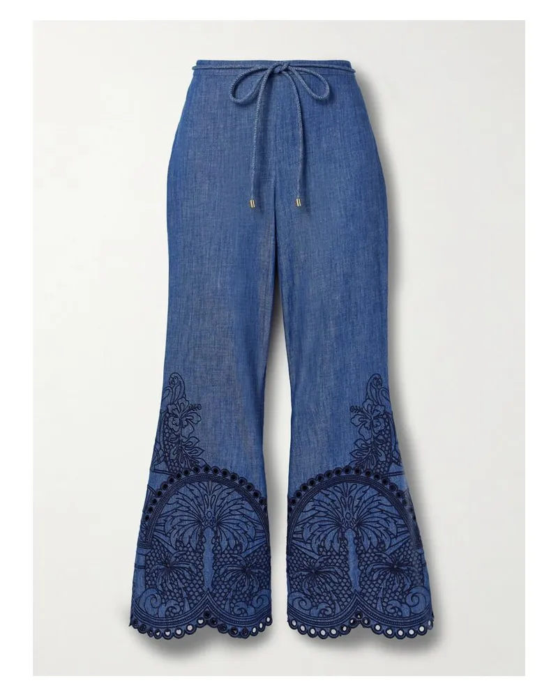 Zimmermann Coco Schlaghose Aus Baumwoll-chambray Mit Stickereien Und Bindegürtel - Blau Blau