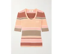 Gestreifter Kurzärmeliger Pullover Aus Baumwolle In Rippstrick Mit Stickerei - Pink