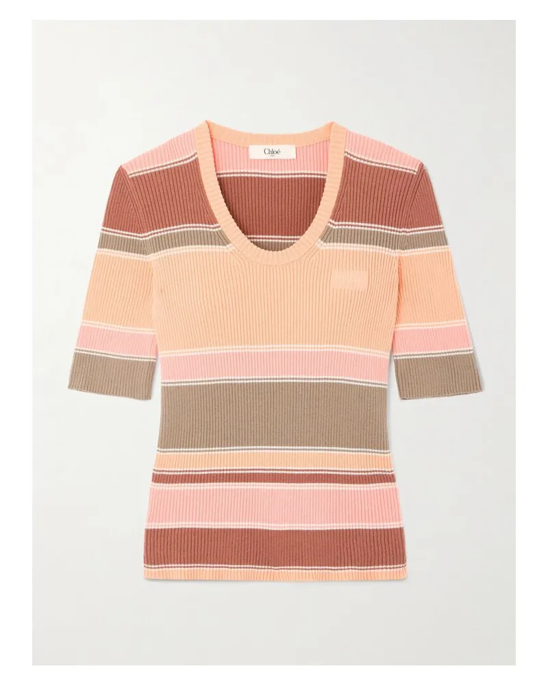 Chloé Gestreifter Kurzärmeliger Pullover Aus Baumwolle In Rippstrick Mit Stickerei - Pink Pink