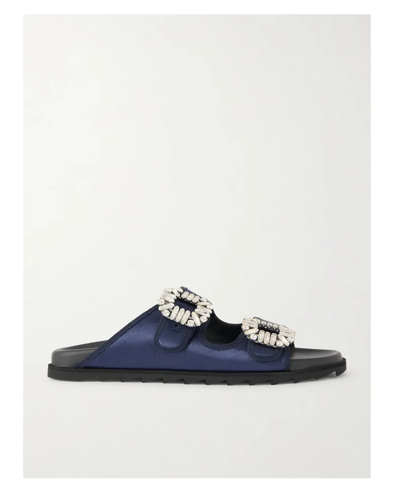 Roger Vivier Slidy Viv Crystal-embellished Grosgrain-trimmed Satin Slides - Blue Blue