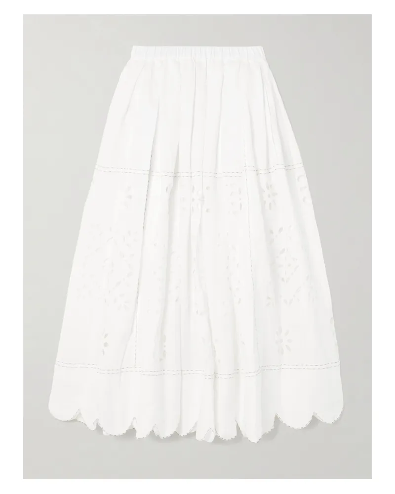 VITA KIN Emma Scalloped Pleated Broderie Anglaise Linen Midi Skirt - White White
