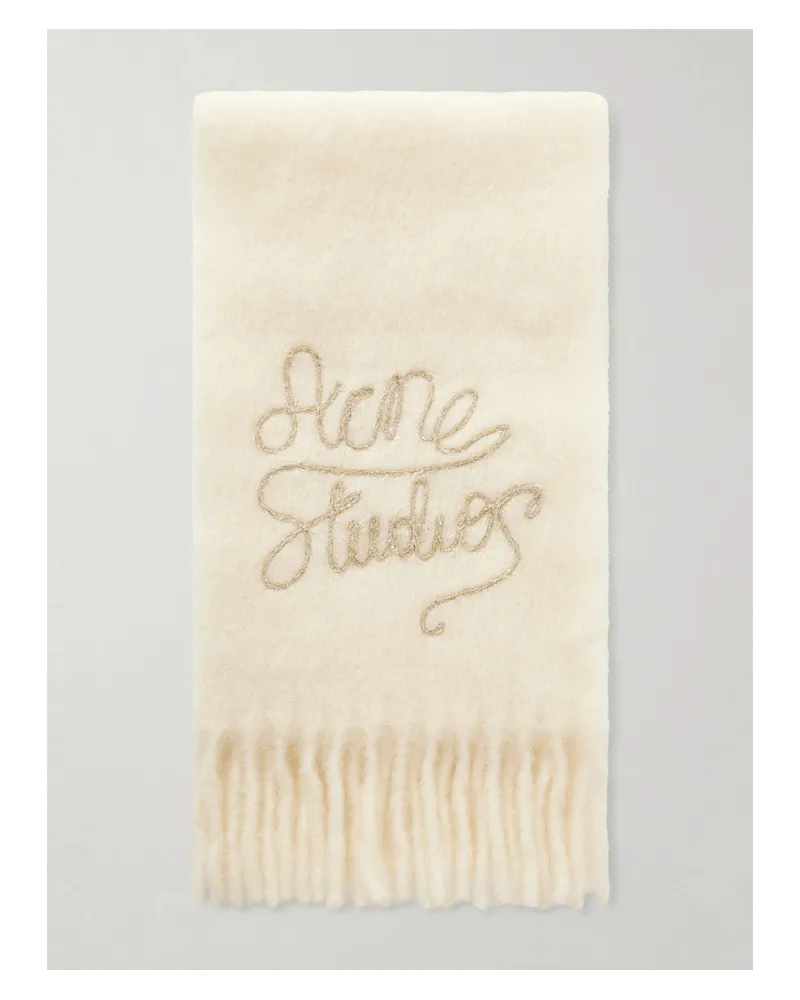 Acne Studios Fringed Metallic Embroidered Knitted Scarf - White White