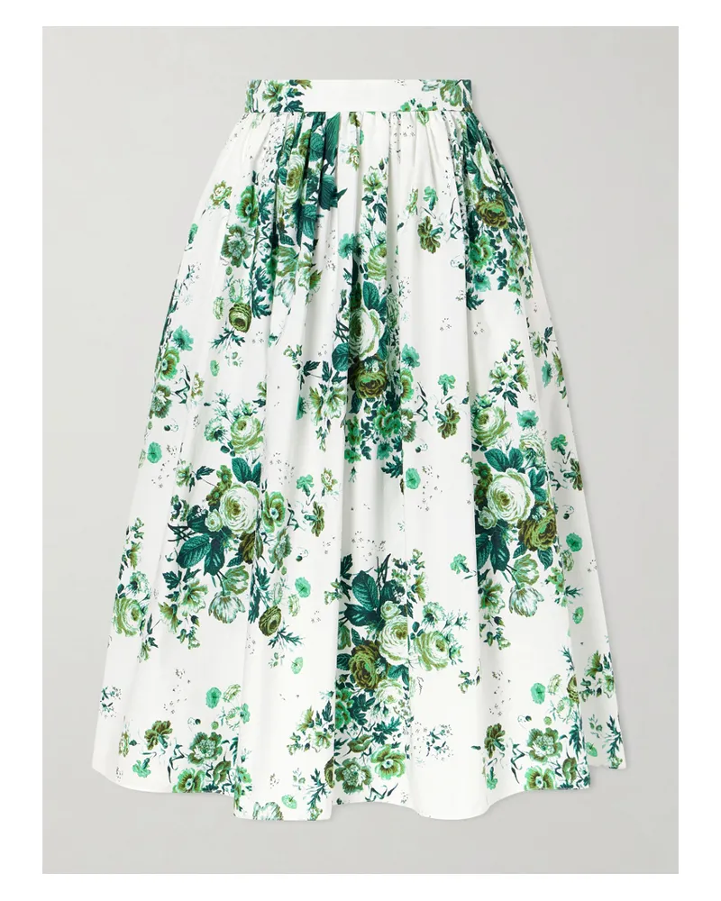 Erdem Pleated Floral-print Cotton-poplin Midi Skirt - Green Green