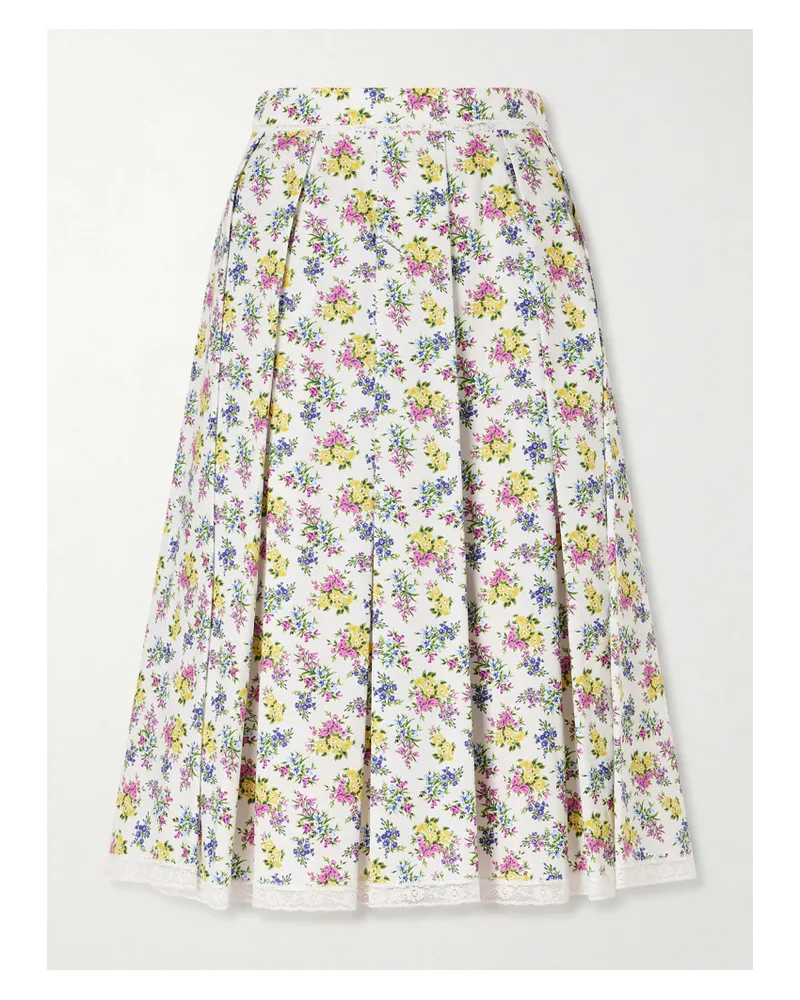 Dolce & Gabbana Pleated Floral-print Cotton-poplin Midi Skirt - White White