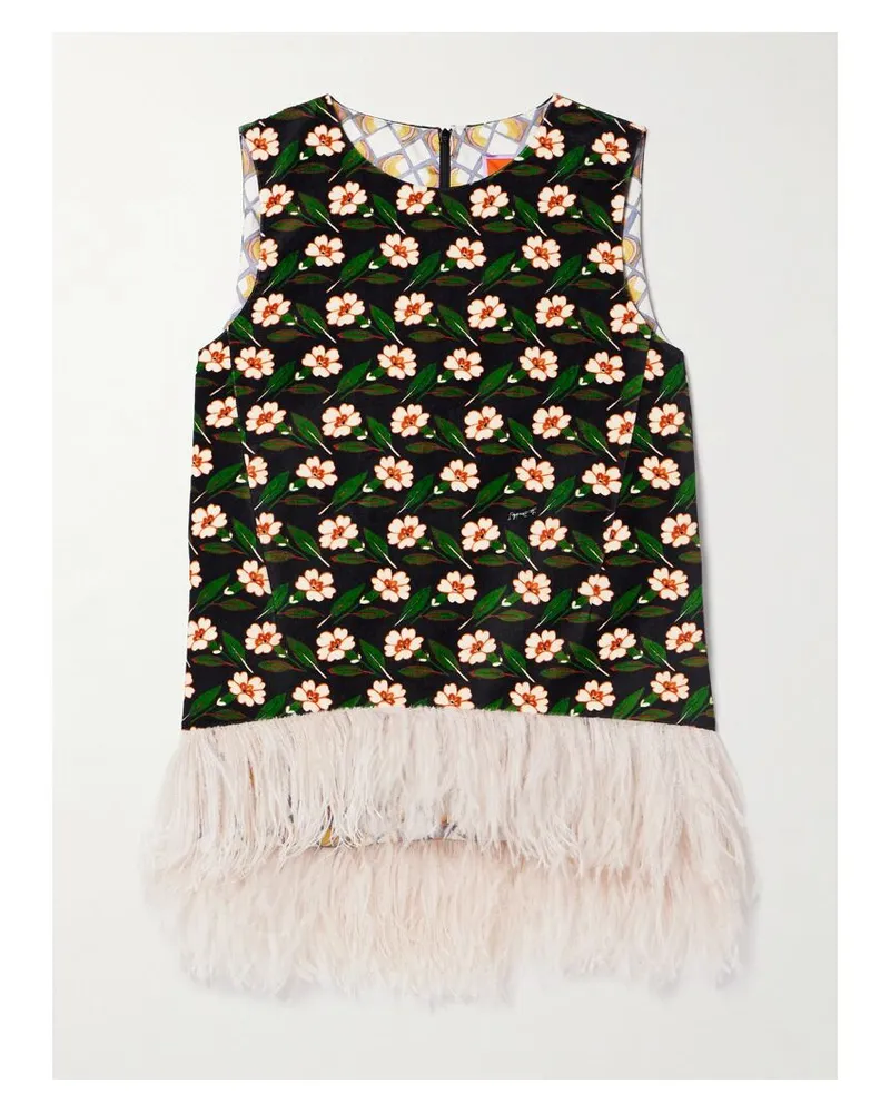 La DoubleJ La Scala Oberteil Aus Baumwollsamt Mit Blumenmuster Und Federn - Grün Grün