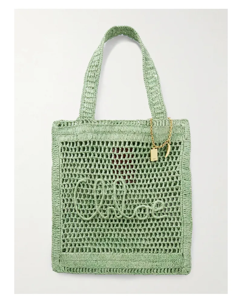 Chloé Summer Banana Embellished Crocheted Embroidered Faux Raffia Tote - Green Green