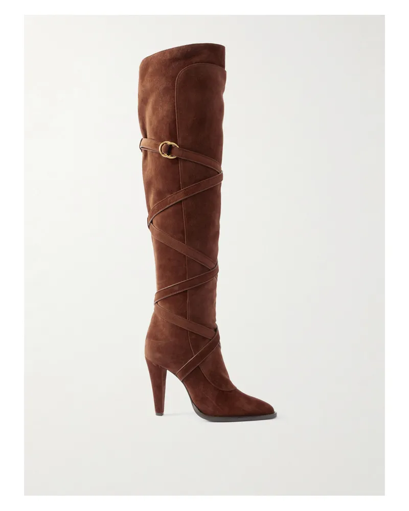 Saint Laurent Janis Embellished Over-the-knee Suede Boots - Brown Brown