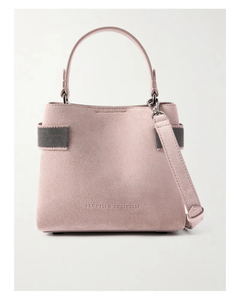 Brunello Cucinelli Bead-detailed Suede Shoulder Bag - Pink Pink