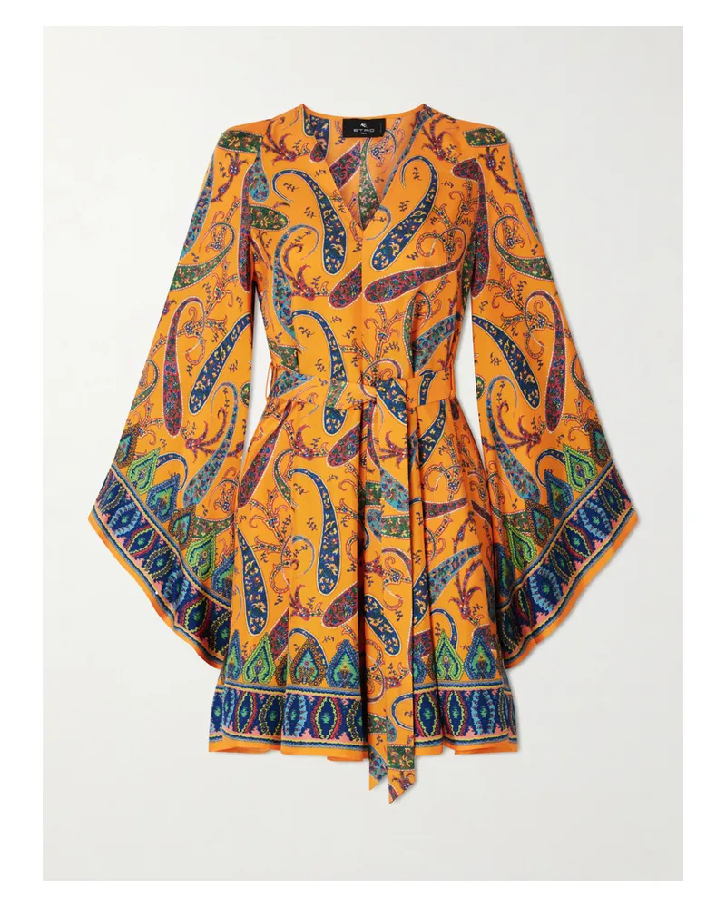 Etro Minikleid Aus Seiden-twill Mit Paisley-muster Und Bindegürtel - Orange Orange