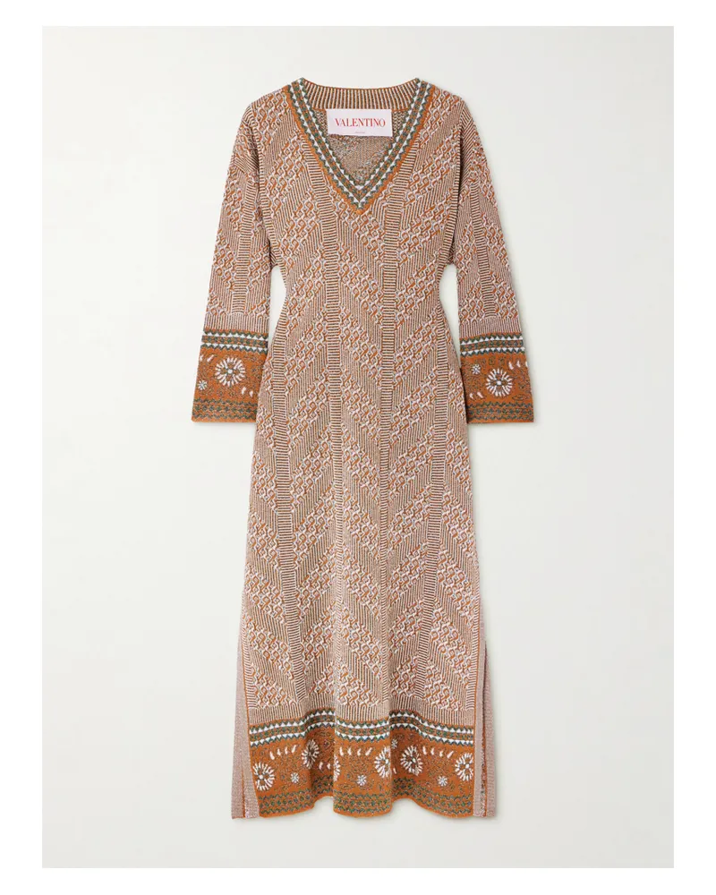 Valentino Garavani Midikleid Aus Strick Mit Metallic-intarsienmuster - Braun Braun