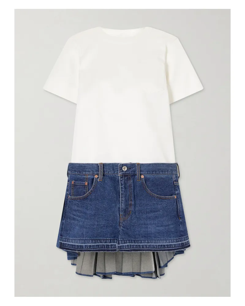 Sacai Cape-effect Pleated Cotton And Silk-blend Jersey And Denim Mini Dress - White White