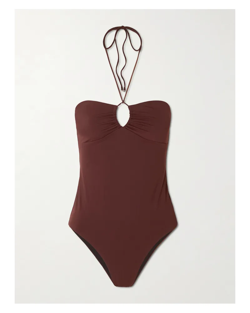 Tory Burch Ruched Cut-out Recycled Halterneck Swimsuit - Burgundy Burgundy