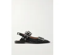 Net Sustain Buckled Eyelet-embellished Recycled Faux Patent-leather Ballet Flats - Black