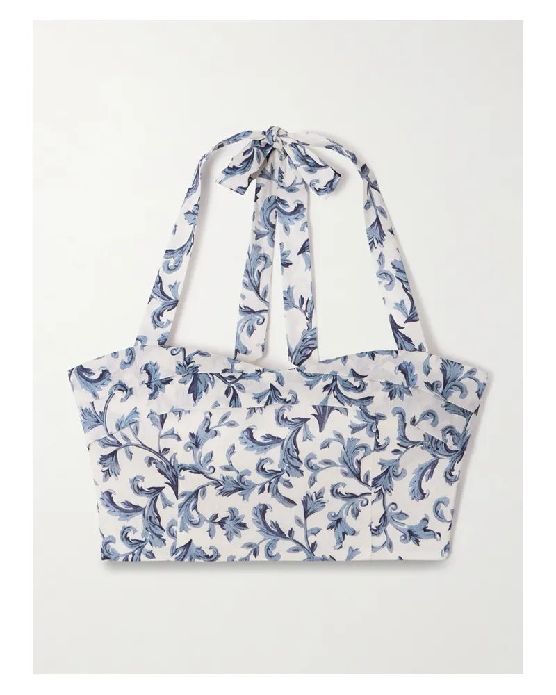 Posse Rue Cropped Pleated Printed Linen And Silk-blend Halterneck Top - Blue Blue
