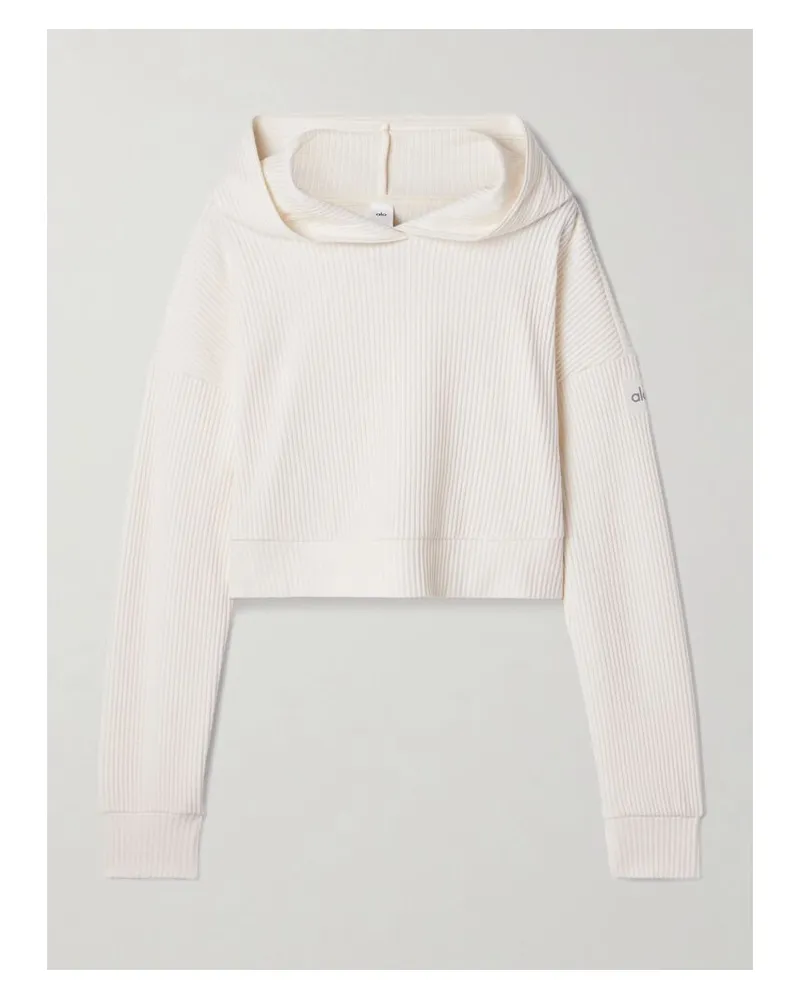 alo Muse Verkürzter Hoodie Aus Geripptem, Gebürstetem Jersey - Elfenbein Elfenbein