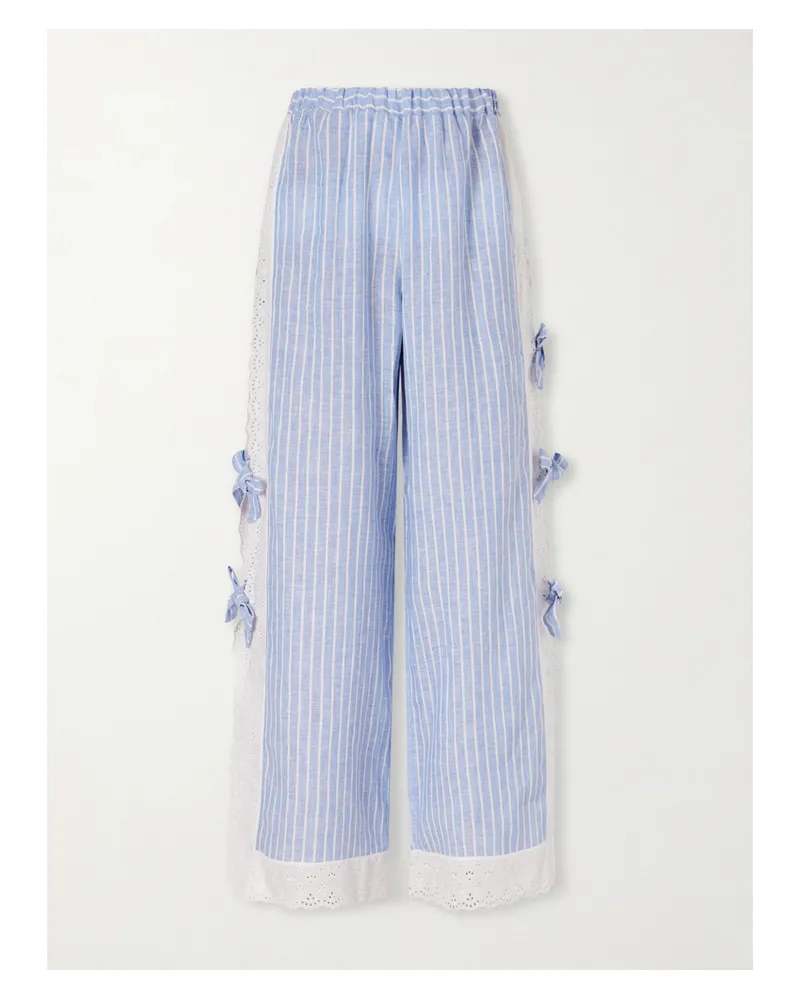 Loretta Caponi Clarissa Bow-embellished Striped Broderie Anglaise-trimmed Linen Straight-leg Pants - Blue Blue