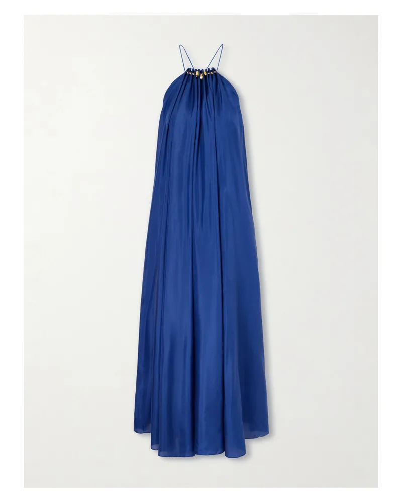 Zimmermann Aster Gathered Beaded Silk-satin Maxi Dress - Blue Blue
