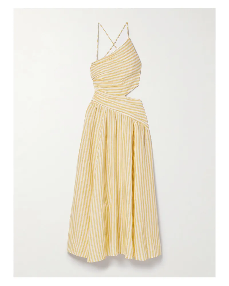 Zimmermann Cascadian Midikleid Aus Gestreiftem Leinen Mit Raffungen Und Cut-out - Gelb Gelb