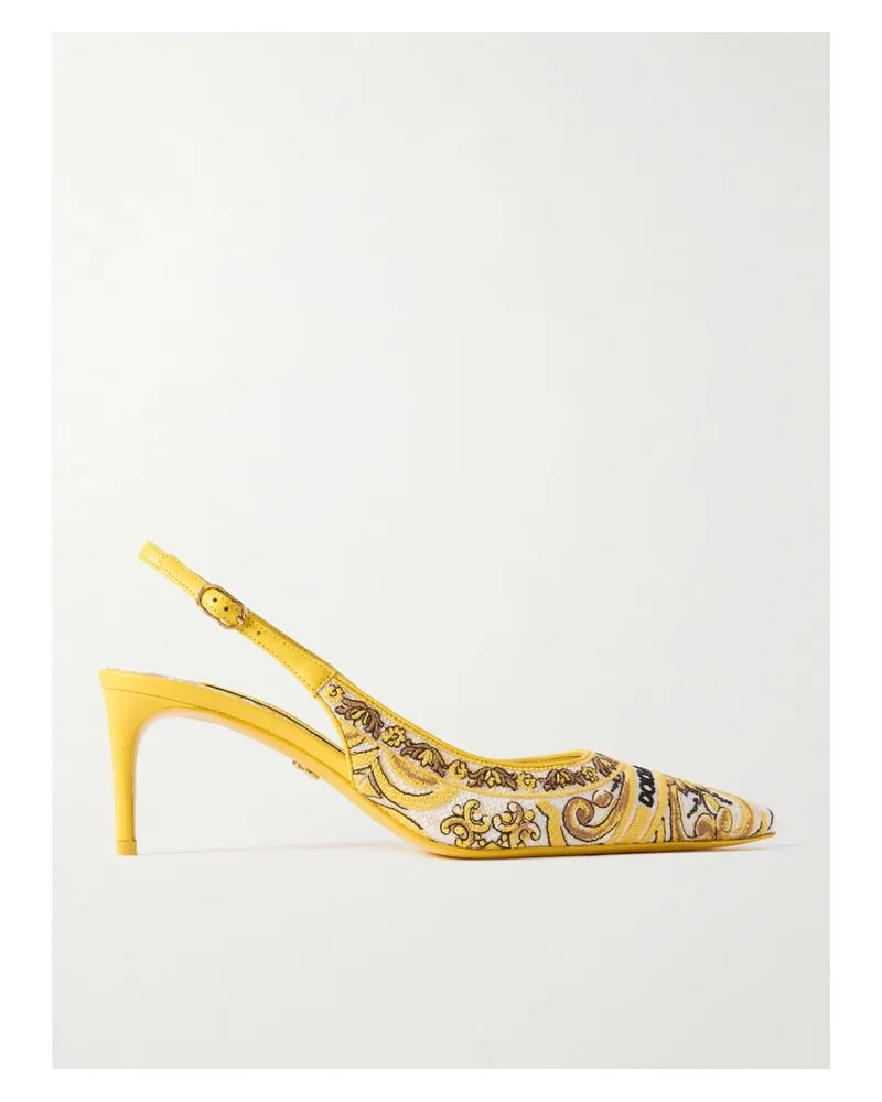 Dolce & Gabbana Maiolica Lollo Slingback-pumps Aus Canvas Mit Jacquard-muster Und Lederbesätzen - Gelb Gelb