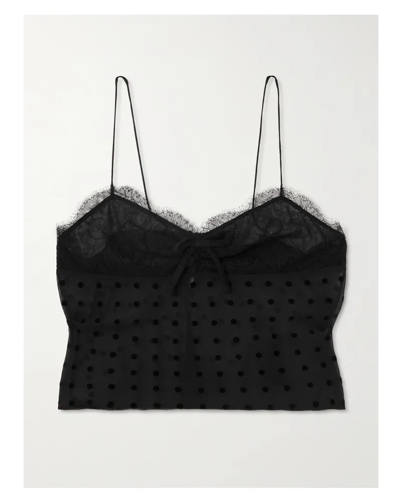 Alessandra Rich Top Aus Beflocktem Seiden-georgette Mit Polka-dots, Spitzenbesatz Und Schleife - Schwarz Schwarz