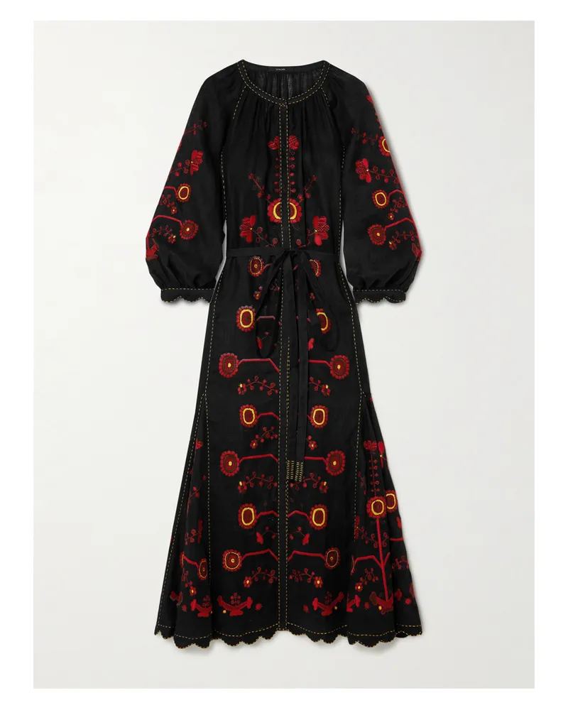 VITA KIN Nathalie Maxikleid Aus Leinen Mit Bindegürtel, Wellenkanten Und Stickereien - Schwarz Schwarz