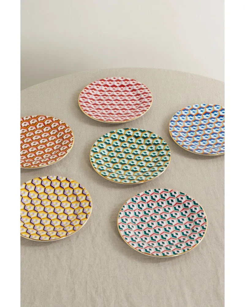 La DoubleJ Set Aus Sechs 20 Cm Porzellantellern Mit Vergoldeten Details - Grün Grün