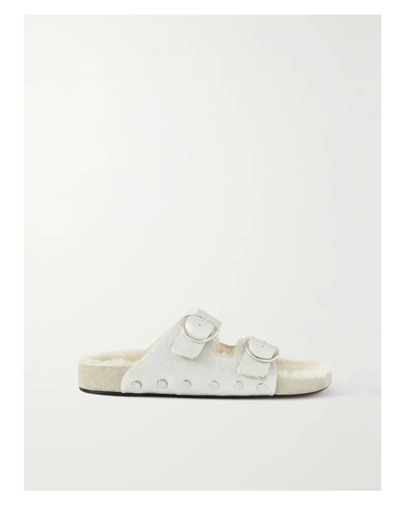 Isabel Marant Lennyo Pantoletten Aus Metallic-leder Mit Nieten Und Shearling-futter - Silber Silber