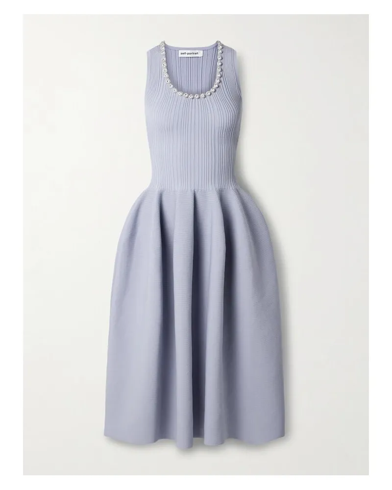Self-Portrait Midikleid Aus Geripptem Stretch-strick Mit Kristallen - Blau Blau