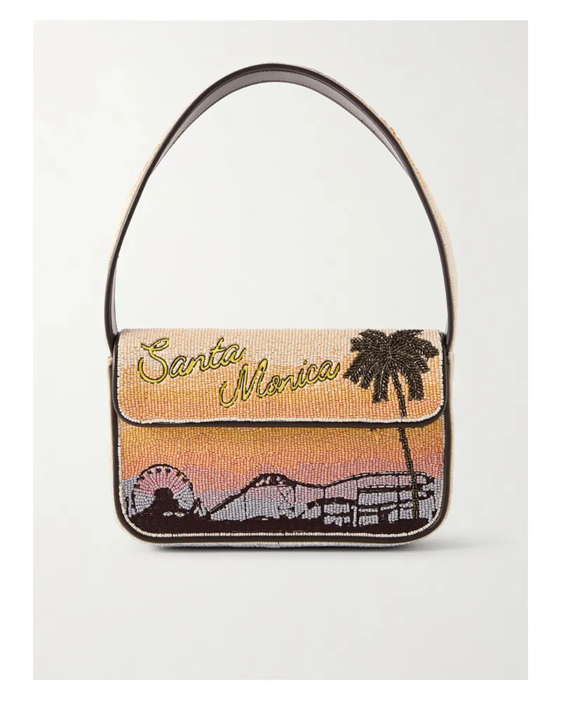 STAUD Tommy Beaded Embroidered Satin Shoulder Bag - Orange Orange