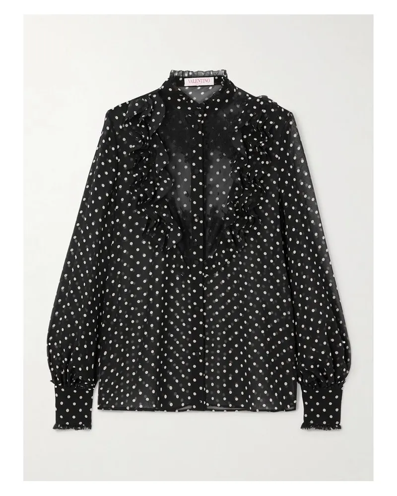 Valentino Garavani Bluse Aus Seidenchiffon Mit Polka-dots, Spitzeneinsatz Und Rüschen - Schwarz Schwarz