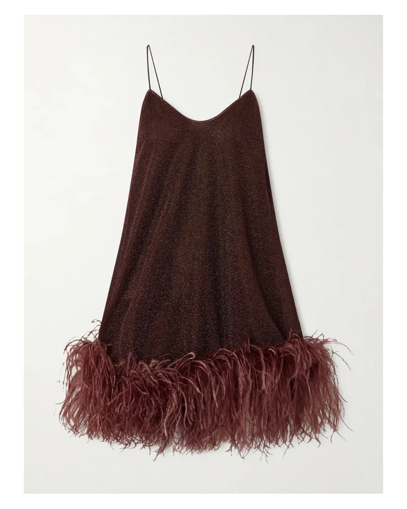 Oséree Lumière Feather-trimmed Stretch Metallic Mini Dress - Brown Brown