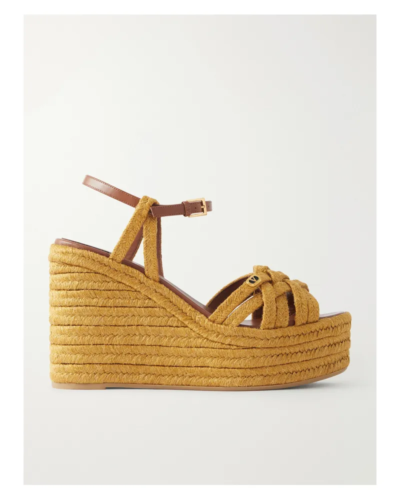 Valentino Garavani 120 Leather-trimmed Logo-embellished Raffia Espadrille Wedge Sandals - Brown Brown