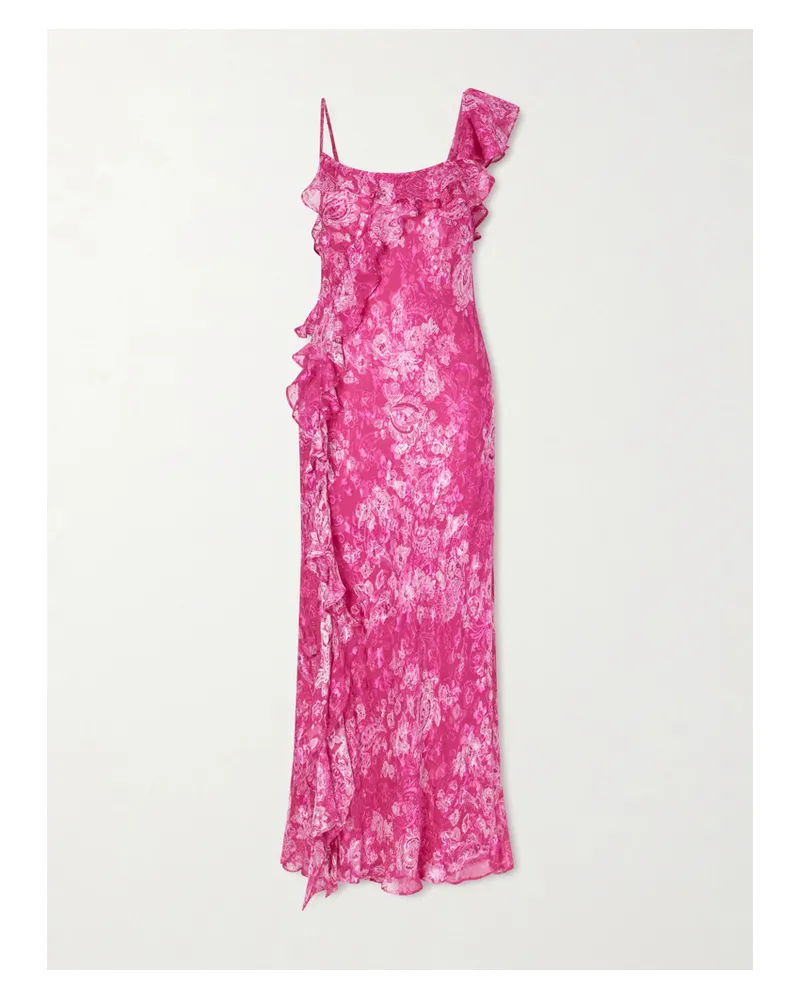 RIXO Ester Ruffled Floral-print Silk-blend Devoré Midi Dress - Pink Pink