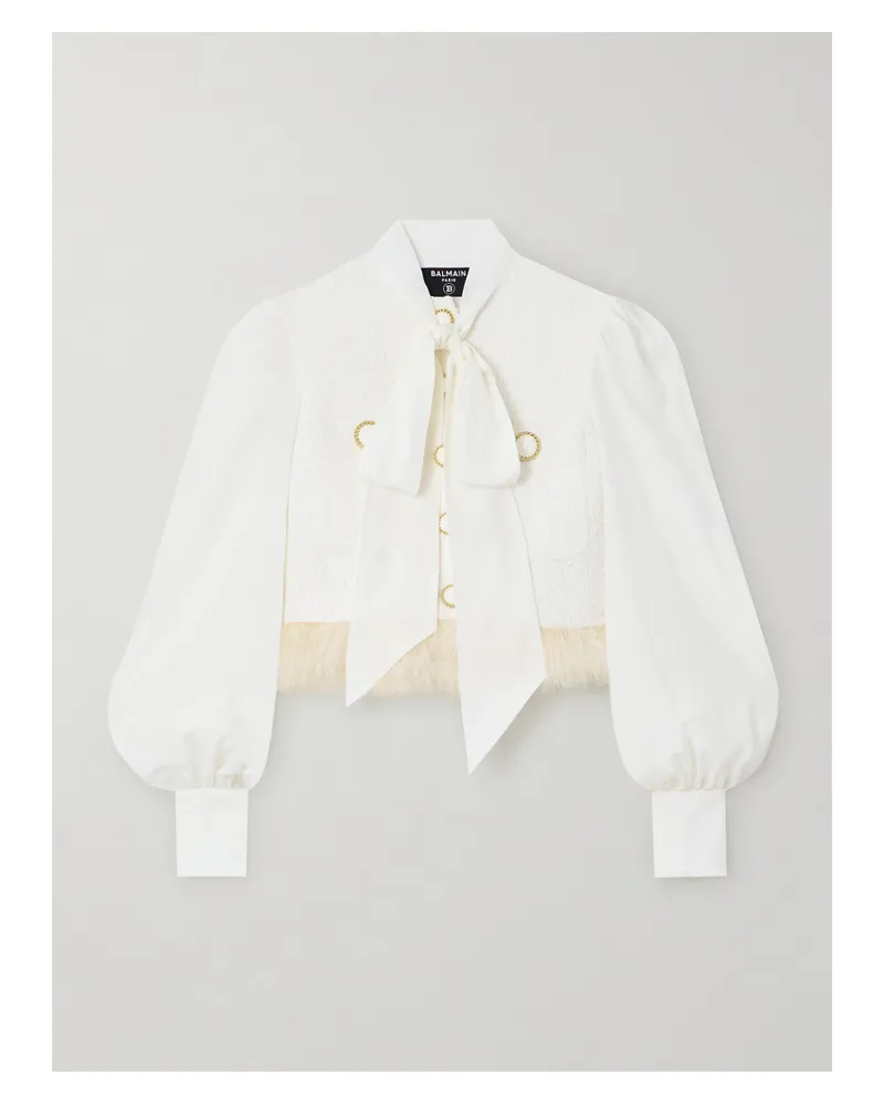 Balmain Jacke Aus Seide Und Metallic-tweed Aus Einer Baumwollmischung Mit Schluppe Und Federbesatz - Weiß Weiß