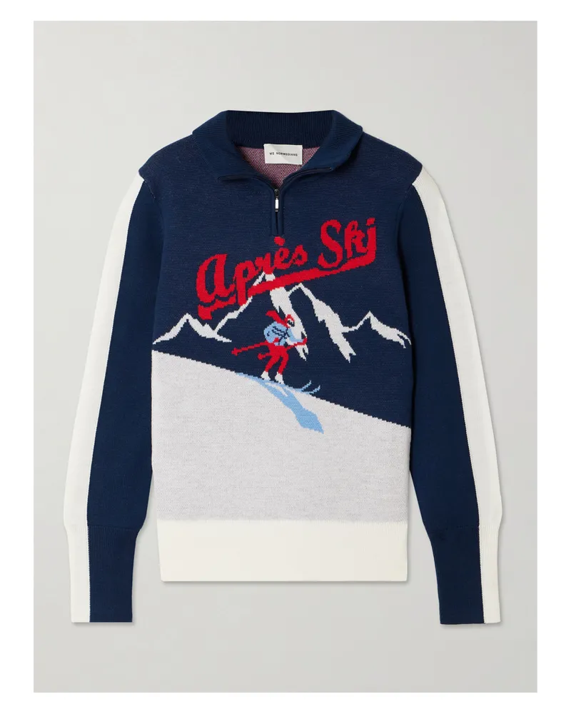 WE NORWEGIANS Afterski Pullover Aus Merinowolle In Jacquard-strick Mit Kurzem Reißverschluss - Blau Blau