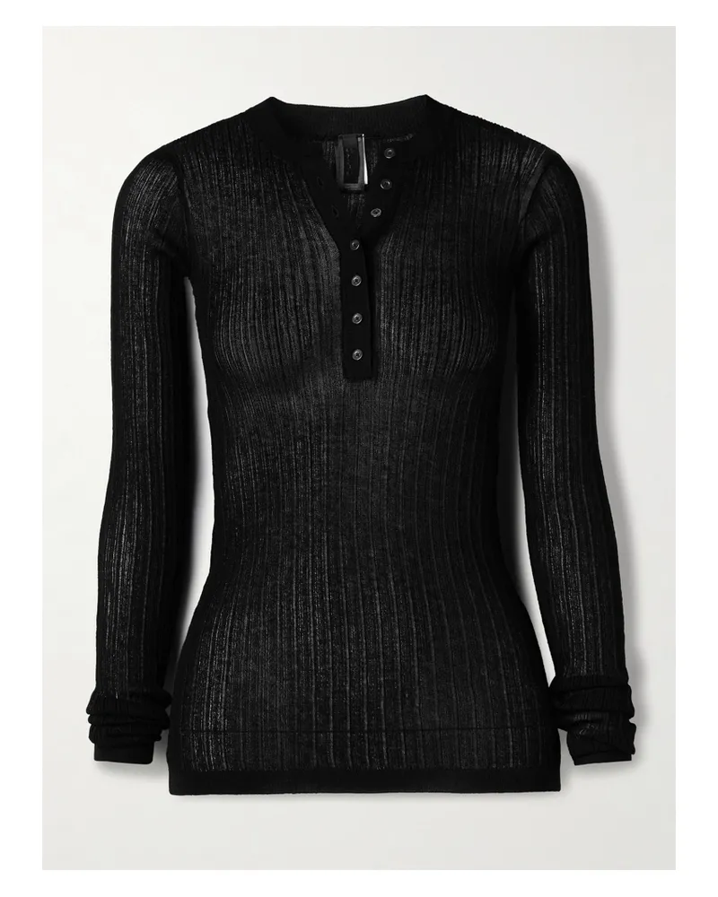 SKIMS Sheer Knit Long Sleeve Henley – Onyx – Oberteil Aus Strick - Schwarz Schwarz