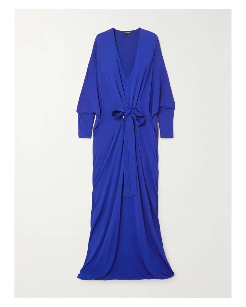 Tom Ford Robe Aus Seiden-jersey Mit Samtbesätzen Und Bindegürtel - Blau Blau
