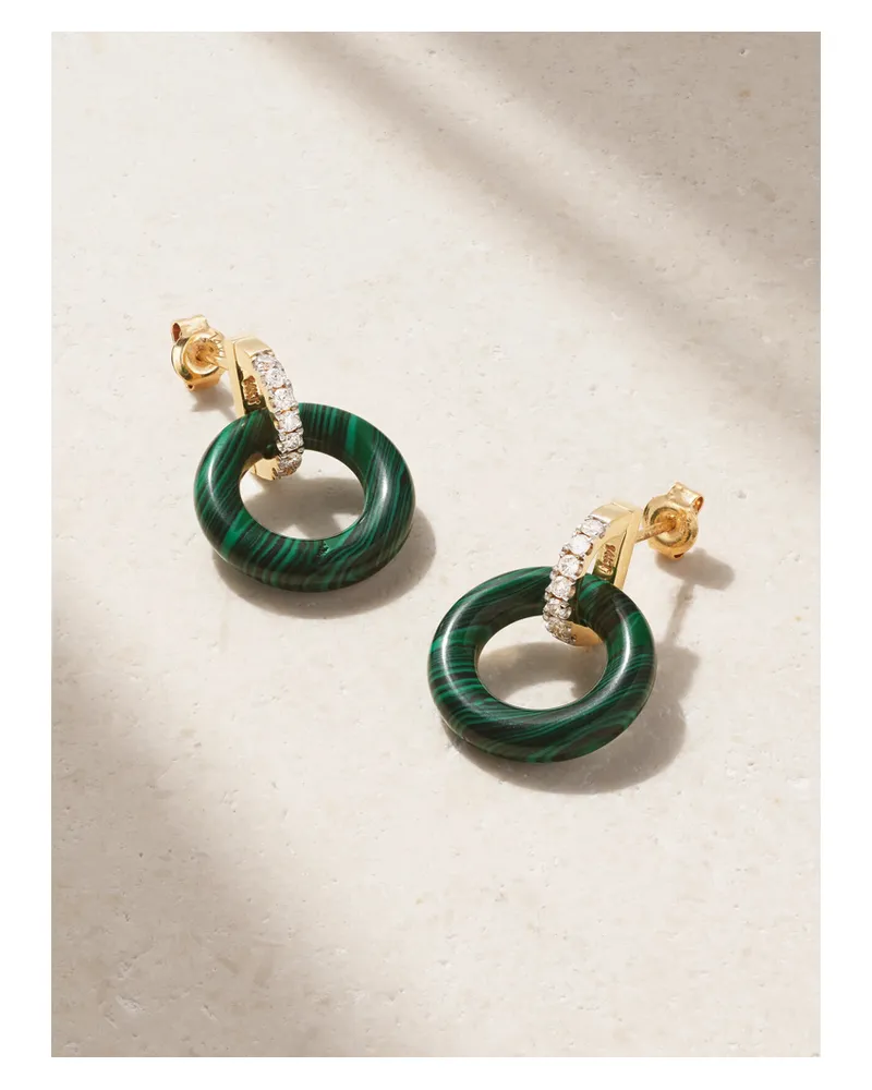 MATEO Door Knockers 14-karat Gold, Malachite And Diamond Hoop Earrings - Green Green