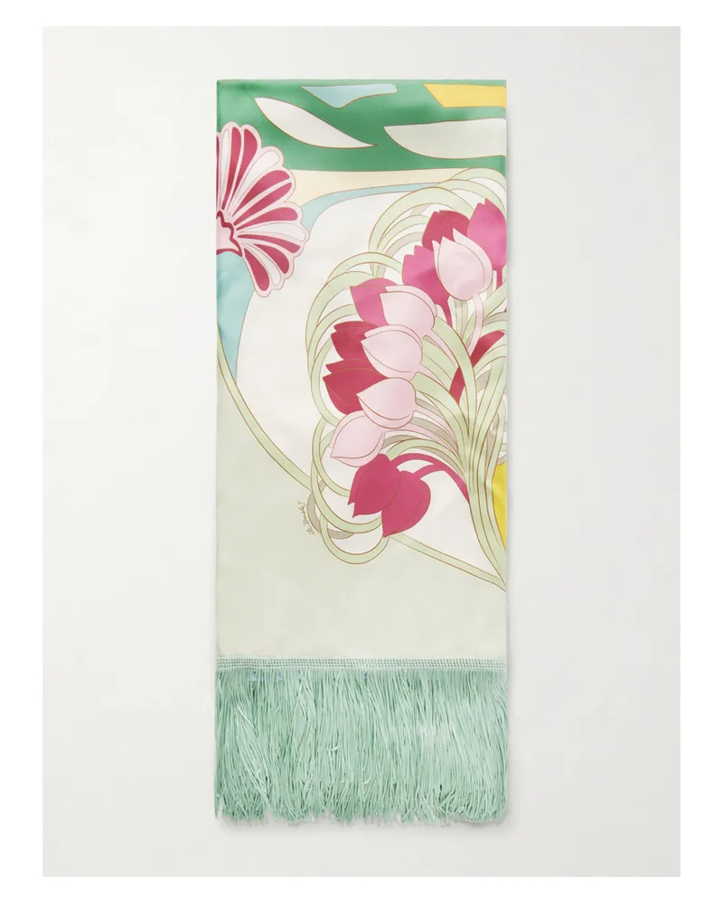 La DoubleJ Fringed Printed Silk-twill Scarf - Green Green