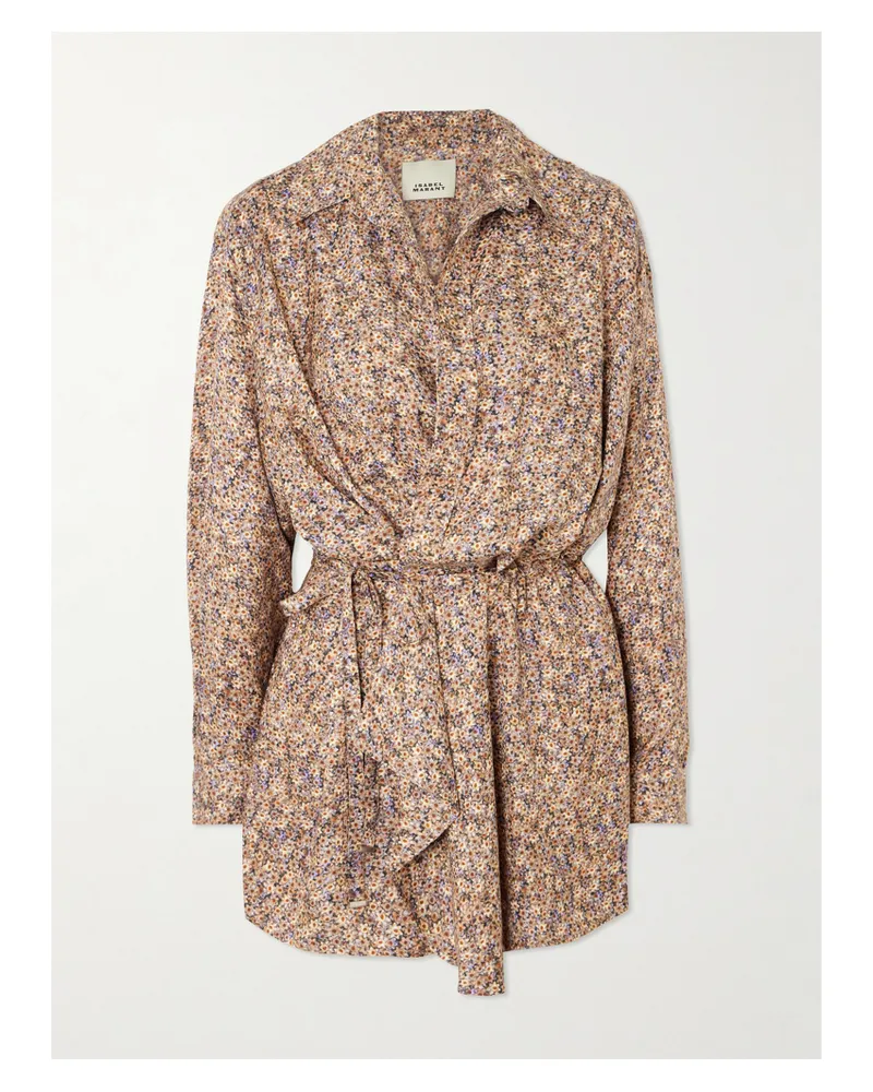 Isabel Marant Harmony Floral-print Satin-jacquard Wrap Mini Shirt Dress - Brown Brown